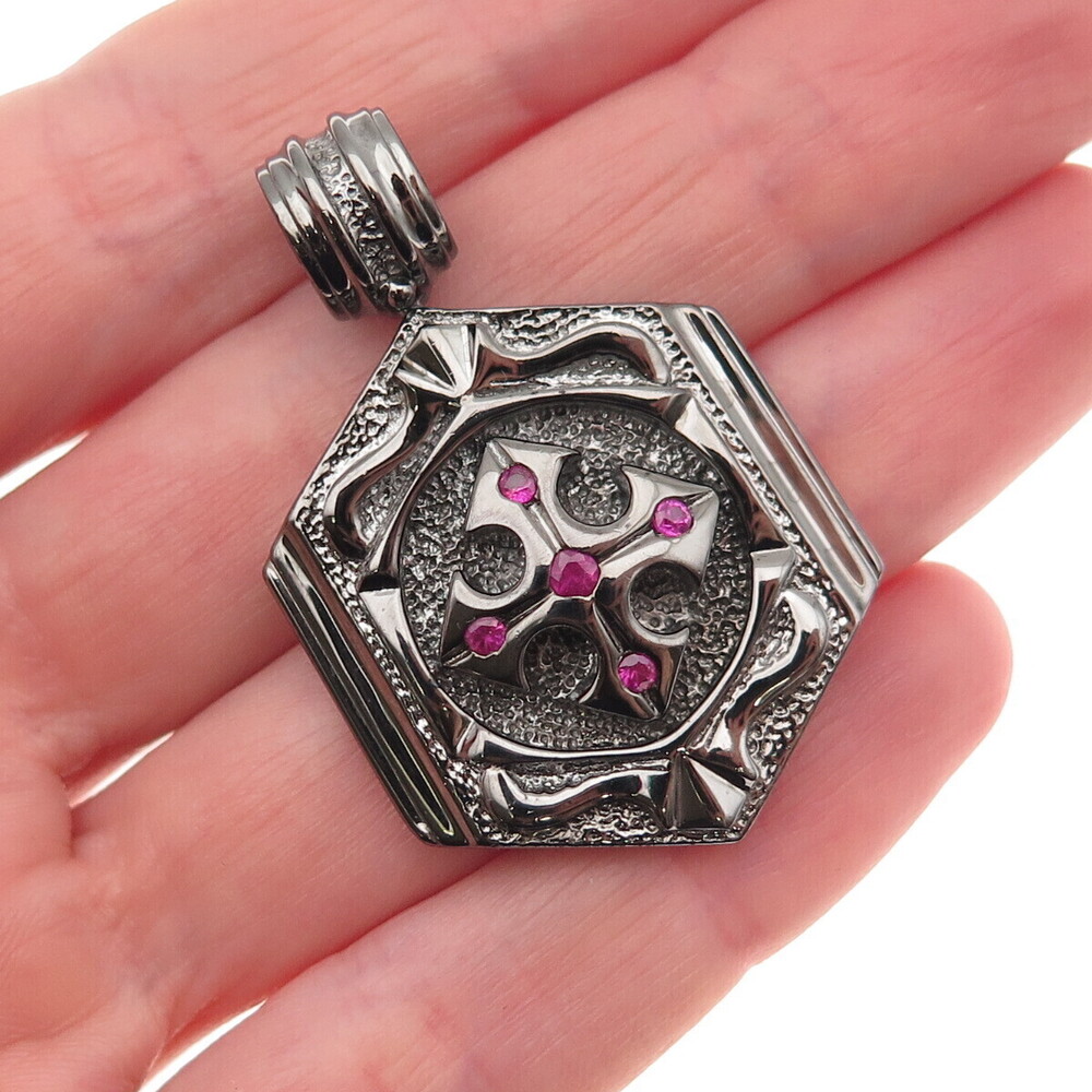 Jolusa 925 Sterling Silver Black Rhodium Real Ruby Floral Cross Pendant
